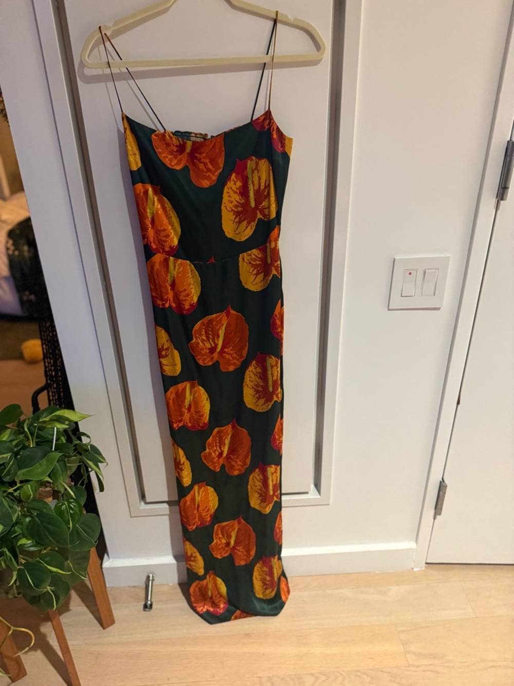 Reformation Floral Print Slip Skirt Dress in Dark Green and Orange
